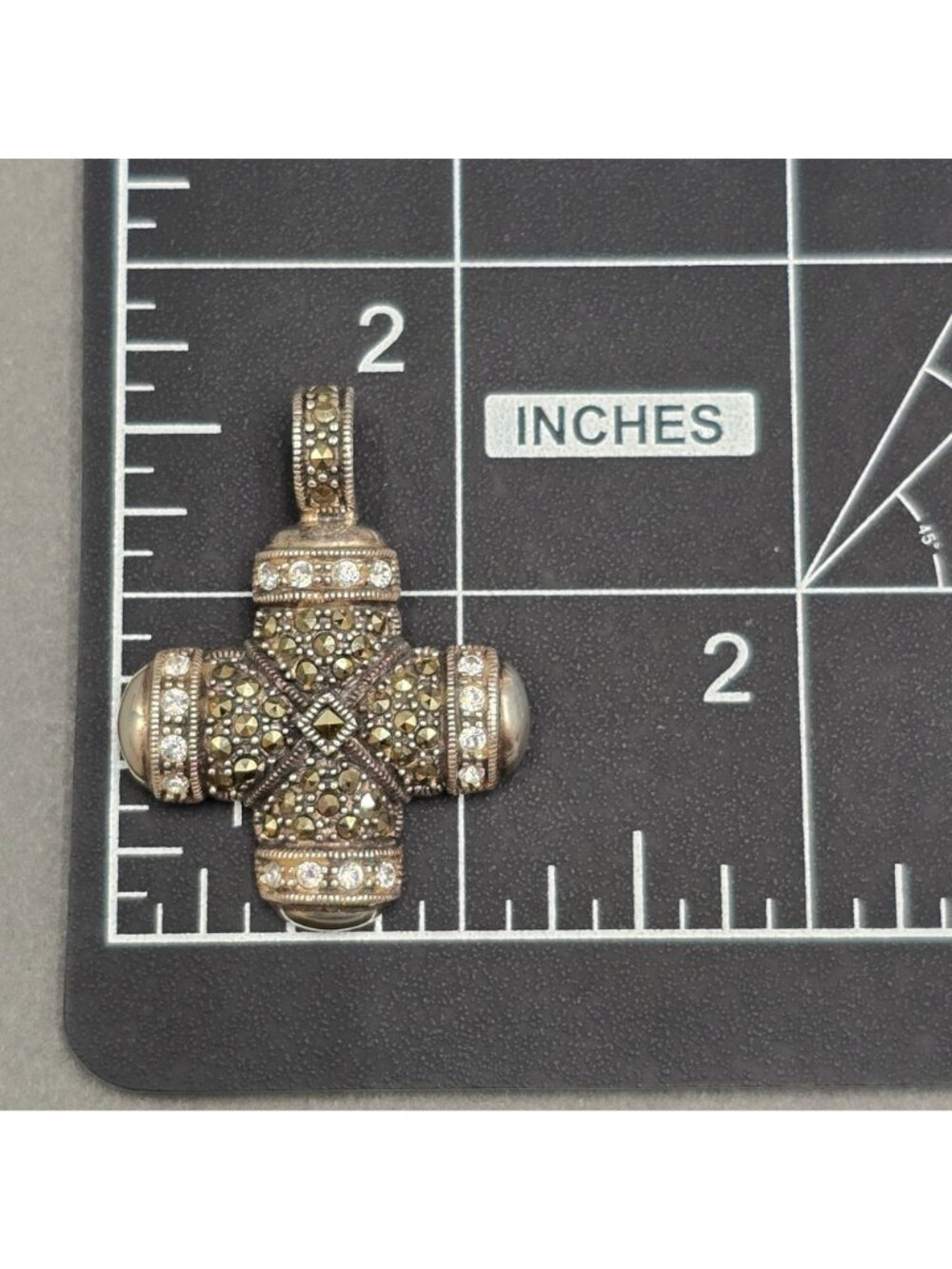 Vintage Sterling Silver Maltese Cross Marcasite Quartz Enhancer Pendant 1.5" - Picture 8 of 10